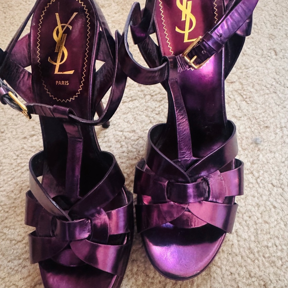 Yves Saint Laurent Metallic Plum Strappy Sandals with Gold Buckle